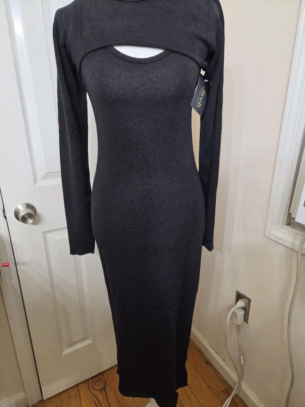 Large Black Long Sleeve Knit Bodycon Dress